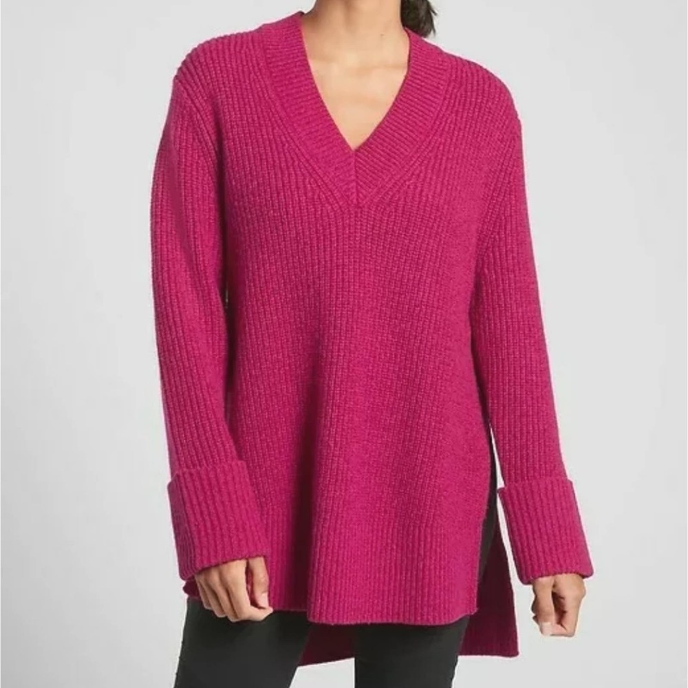 Athleta Shasta V Neck Long Sweater Top Pink Wool